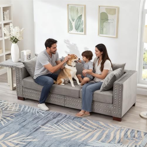 84.5" Wide 3-Seater Velvet Sofa with Storage, Mid Century Modern Chesterfield Couch, Upholstered Love Seat with Deep Seat & Retro Trim Gray Velvet Couch for Living Room, Office, Apartment (Grey) SLEERWAY