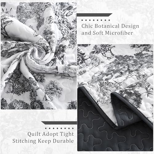 WONGS BEDDING Botanical Quilt Set King Size, Black 3 Pieces Toile Floral Plants Printed Bedspread Bedding Set Soft Lightweight Microfiber Coverlet Set for All Season (104"x90") WONGS BEDDING