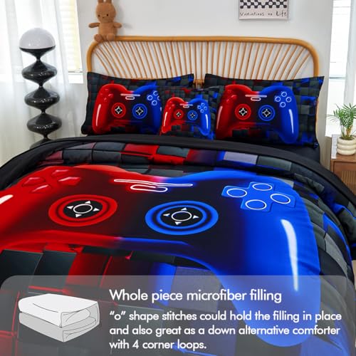 PERFEMET 6 Pieces Kids Comforter Sets Twin Size Red and Blue Game Console Bedding Set for Boys Girls Soft Fluffy 3D Cool Teen Gamer Bed in A Bag for All Seasons(Red Blue, Twin) PERFEMET
