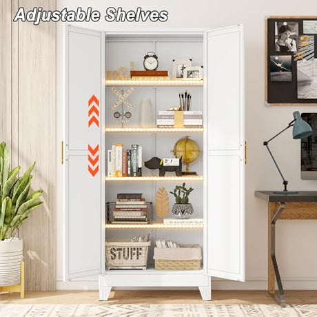 winiowa Metal Pantry Cabinet with 2 Doors and Adjustable Shelves - 71" Kitchen Storage Cabinet with Gold Handles - Versatile Storage for Kitchen, Bathroom, Dining Room, Utility Room - White winiowa