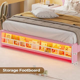 HAUOMS Full Bed Frame with LED Lights, Princess Velvet Upholstered Platform Bed for Girls, Headboard with Charging Station & Guardrail & Crystal Button, No Box Spring Needed, Pink HAUOMS