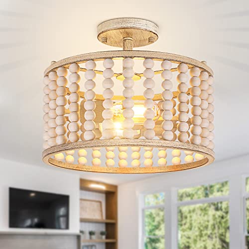 Wood Beaded Chandelier - Farmhouse Boho Light Fixture, Rustic Semi Flush Mount Ceiling Light, Oak 2 Lights Nursery Light Fixture for Hallway Foyer Bedroom Kitchen Island Living Room, E26 Base