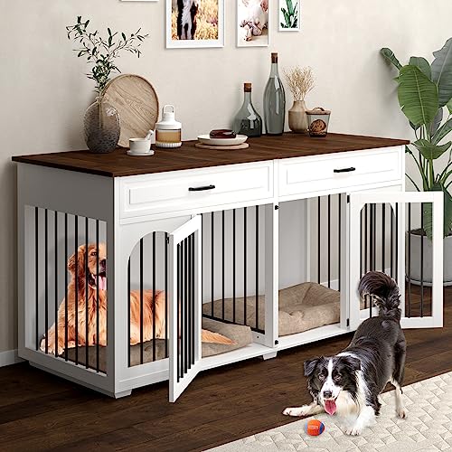 IKISSLIFEEL Large Dog Crate Furniture,74.8" Wooden Double Dog Crates Furniture Style for 2 Large Dogs,XXL Heavy Duty Dog Kennel Furniture Indoor with Divider and 2 Drawers,White - WoodArtSupply