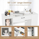 COSTWAY 36” Counter Height Sewing Table, 53 Inch Artwork Craft Table with 14 Open Compartments, 3-Position Adjustable Shelf, 1 Drawer & Cabinet, Project Center Desk Drafting Sewing Workstation, White COSTWAY