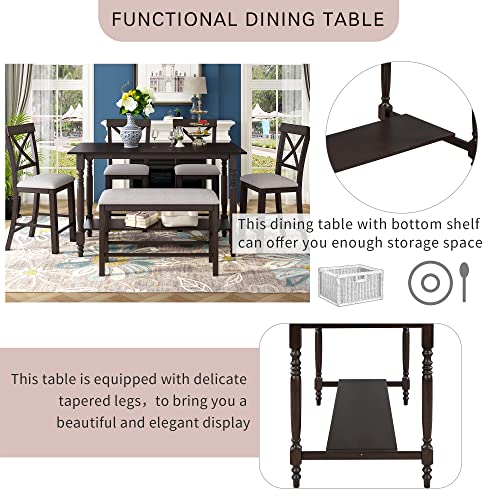 Merax 6 Pieces Counter Height Dining Table Set, Wood Rectangular Table and 4 Chairs and Bench, Kitchen Dining Table Chairs Set for 6 Persons (Espresso) Merax