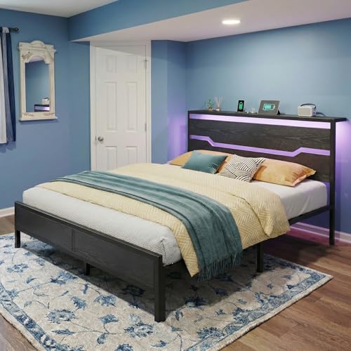 Homkdom King Size Bed Frame with LED Lights & Charging Station, King Bed Frame and Headboard,Metal Bed Frame King Size Heavy Duty,13" Under Bed Storage,No Box Spring Needed, No Noise,Modern Black Homkdom