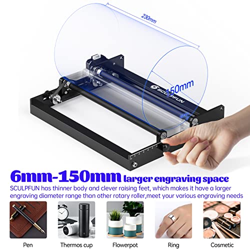 SCULPFUN Laser Rotary Roller, Rotation Auxiliary Kit for Laser Engraver, 360° Auto Rotating Roller for Engraving Cylindrical Objects, Shape Like Bottle Can Pen Cups Lipstick, with 4 Raise Feet SCULPFUN