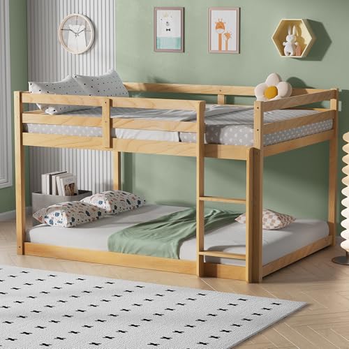 PVWIIK Full Over Full Wood Bunk Bed Frame with Ladder & Safety Guard Rails for Kids,Boy,Girl Bedroom,Space Saving Design & No Box Spring Needed,Easy to Assemble, Natural PVWIIK
