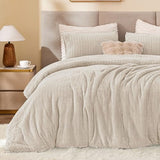 ChiXpace Flannel Fleece Full Comforter Set - Furry Linen Leaves Pattern Faux Fur Bed Set, Winter Ultra Soft Fuzzy Comfort Set, Velvet Bedding Set for Bed with 2 Pillow Cases ChiXpace