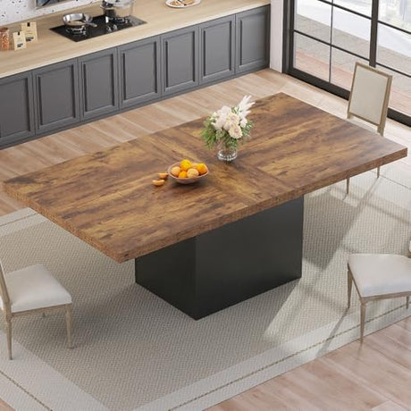 HSH Dining Table for 6 to 8, 71” Wood Rectangular Dinner Table, 6 ft Industrial Kitchen Table only with Black Pedestal, Modern Large Dining Room Table for Home Gathering Office, Rustic Brown, 71 Inch HSH