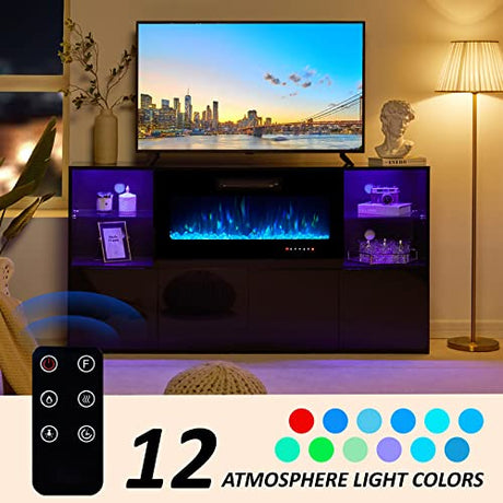 AMERLIFE Modern High Gloss 68" Fireplace TV Stand, Media Entertainment Center with Fireplace & LED Lights for TVs up to 78", TV Console Cabinet with Adjustable Glass Shelves for Living Room, Black AMERLIFE