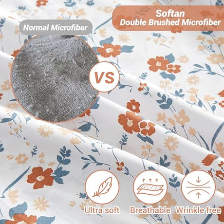 Softan Floral Twin Size Sheet Set, Orange Flower Printed Bed Sheets for Girls, 3-Piece Microfiber Single Fitted Sheet with 15" Deep Pocket & Non-Slip Straps, Patterned Bedding Sheets & Pillowcase Set Softan