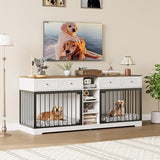 Double Dog Crate Furniture, 82'' Large Dog Kennel Indoor with 4 Drawers and Shelves, Heavy Duty Wooden Dog Crate TV Stand for 2 Large Medium Dogs, White+Brown Garvee