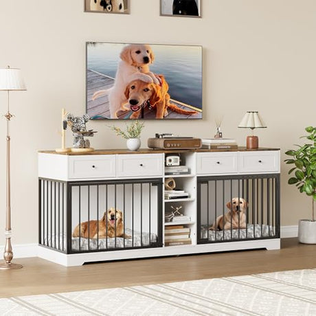 Double Dog Crate Furniture, 82'' Large Dog Kennel Indoor with 4 Drawers and Shelves, Heavy Duty Wooden Dog Crate TV Stand for 2 Large Medium Dogs, White+Brown Garvee