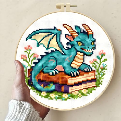 Zhenqing Cute Dragon on Books Cross Stitch Kit, 11CT Printed 24x24cm with Hoop, Fantasy Embroidery Set for Beginners (70976)