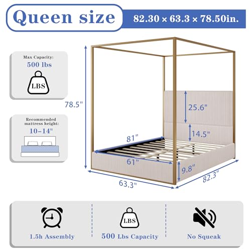 DGSPVCT Queen Size Metal Canopy Bed Frame, Upholstered Platform Bedframe with Tall Headboard and Four Poster, Modern Luxury Corduroy Low Profile Bed Frames, No Box Spring Needed/Minimalism, Beige Gold