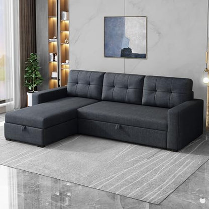 YOPTO 81.5" Sleeper Sectional Sofa,Upholstered Sectional Storage Chaise and Pull,Reversible L-Shape Couch,w/ 3 Back Cushions,for Living Room,Office,Apartment,Dark Grey