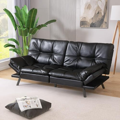 AMICLIBER Convertible Faux Leather Futon Sofa Bed Couch,Memory Foam Futon Sofa Couch,Loveseat Sleeper Sofa Bed,Small Splitback Modern Sofa Bed for Living Room,Office,Apartment,Bright Black