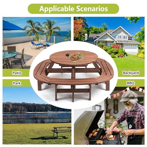 RocVanc 8-12 Person Outdoor Round Wooden Picnic Table with 8 Built-in Benches, Umbrella Hole, Lifetime Outside Table and Bench Set for Garden, Backyard, Porch, Patio and Deck RocVanc