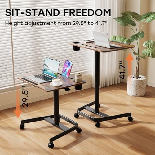 JOY worker Mobile Standing Desk, Height Adjustable Table, 60° Tiltable Rolling Laptop Desk, Portable Sit Stand Desk with Wheels Cup Holder for Bed Couch Hospital, Holds Up to 22lbs, Rustic JOY worker