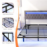 VINGLI Floating Bed Frame Queen with Charging Station,RGB LED Lights, Metal Platform Bed with Upholstered Headboard, Adjustable Height, Gray VINGLI