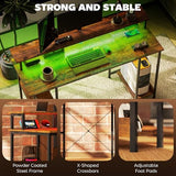 HOMCOM 55" Gaming Desk with Power Outlets and LED Lights, Reversible Computer Desk with Monitor Stand and 2-Tier Storage Shelves, Cable Management, for Home Office, Rustic Brown HOMCOM