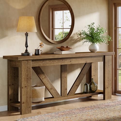 TRIBEWOOD Solid Wood Sofa Table, 70.9 Inches Extra Long Console Table with 2 Tiers Storage Shelves, Rustic Entryway Table Behind Couch Table for Living Room, Hallway, Foyer, Brown TRIBEWOOD