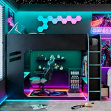 Tdewlye Unique Full Size Wood Gaming Loft Bed with Height-Adjustable Desk,Drawers,Storage Compartments,Hanging Rod and RGB Lights,for Kids Teens Adults Bedroom Use (Blue#RGB, Full) Tdewlye