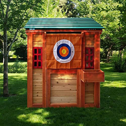 Outdoor Playhouse for Age 3-8 Years Boy Girl, Wooden Cottage Playhouse with 4 Game Awning Window, Ball Wall & Tetris. Play House for Outdoor Garden,