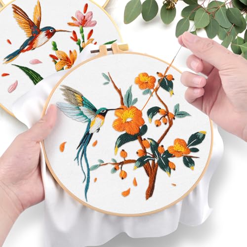 ERKOON 3 Sets Embroidery Kit, Hummingbird Cross Stitch Set for Include Embroidery Cloth Hoops Threads for Craft Lover Hand Stitch (Hummingbird)