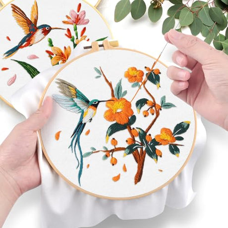ERKOON 3 Sets Embroidery Kit, Hummingbird Cross Stitch Set for Include Embroidery Cloth Hoops Threads for Craft Lover Hand Stitch (Hummingbird) ERKOON
