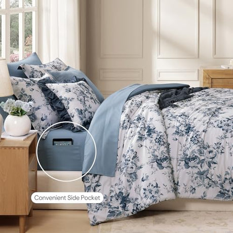 BLOOMHAVEN Queen Comforter Set -7 Pieces Floral Blue Comforter Set for All Seasons, Bed in a Bag Queen with Botanical Flowers Comforter, Sheets, Pillowcases & Shams BLOOMHAVEN