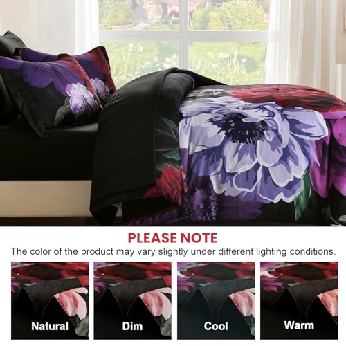 WONGS BEDDING Black Comforter Set King Size, 7 Pieces Floral Bed in a Bag Set, Luxury Red Flower Bedding Set, Soft Microfiber for All Season with Pillowcases & Shams,Sheets(90"×104") WONGS BEDDING