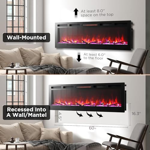 Klysiora Smart Electric Fireplace with Remote Control & Alexa/WiFi, 60 Inch Wall Mount/in Wall Recessed Insert Black Electric Fireplace-13+12 Realistic Ember Color/Flame Options,1500W Heater Klysiora