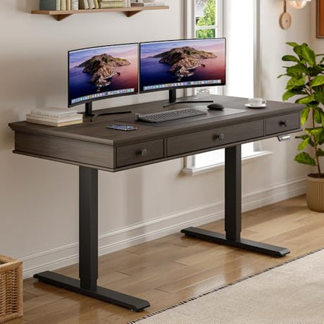 ONBRILL Standing Desk with Drawers, 55 x 23 Inch Electric Height Adjustable Desk with Storage & Outlets, for Computer Workstation, Home Office, Retro Curved Table Corner Design, Dark Walnut ONBRILL