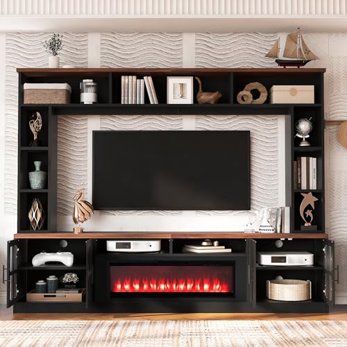 95.5" W Wall Unit Entertainment Center with Bookshelves for TVs up to 80", Modern TV Stand Media Console with electric fireplace Cabinets, and Adjustable Shelves for Living Room (Black+Brown#53) Brabrety