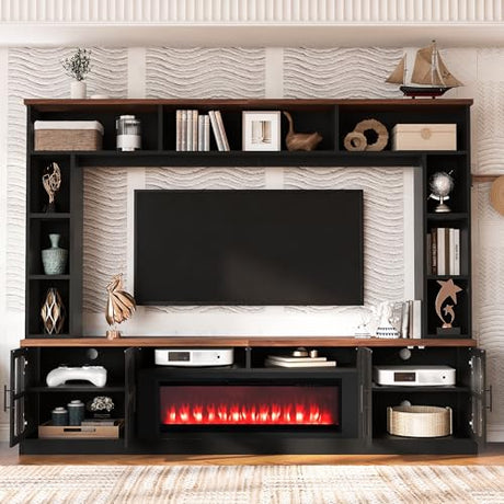 95.5" W Wall Unit Entertainment Center with Bookshelves for TVs up to 80", Modern TV Stand Media Console with electric fireplace Cabinets, and Adjustable Shelves for Living Room (Black+Brown#53) Brabrety