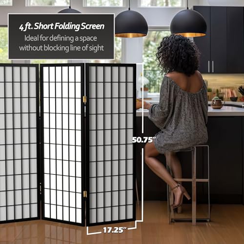 4 ft. Short Window Pane Shoji Screen - Black - 8 Panels Red Lantern