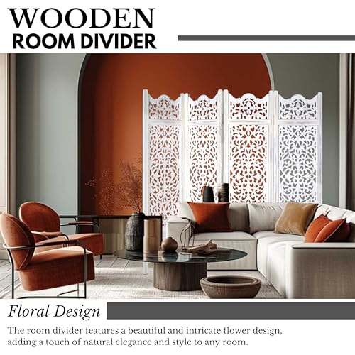 Room Divider Wood Screen Panel – Antique White, 4-Panel Folding 64"x48", Hand-Carved, Reversible Privacy Partition, Decorative & Functional Portable Room Divider for Home or Office The Wooden Town