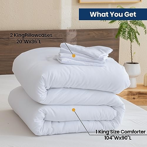 Paxrac Classic Pure White Comforter King Size, 3 Pieces Boho Comforter Set, Lightweight Solid Bedding Set, All Seasons Soft Breathable King Comforter Set (104x90In Comforter & 2 Pillowcases) Paxrac
