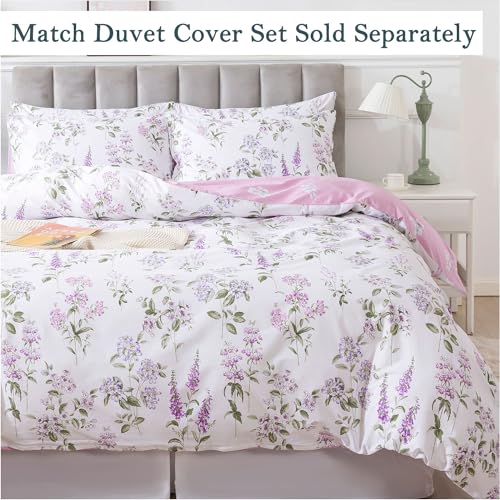 FADFAY Queen Sheets Set 100% Cotton Purple White Bed Sheet, French Country Lilac Lavender Green Leaves Sheets Botanical Pattern Minimalist Bedding, Soft Crisp & Breathable Luxury Deep Pocket Sheet FADFAY