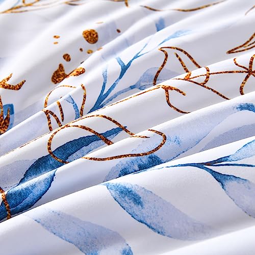 WONGS BEDDING Blue Comforter Set Full, 7 Pieces Botanical l Reversible Bed in a Bag Golden Blue Leaves Bedding Set Soft Microfiber (1 Comforter,2 Pillowcase,2 Pillow Shams,1 Flat Sheet,1 Fitted Sheet) WONGS BEDDING