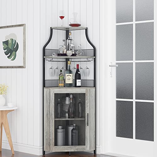 GAOMON Corner Wine Bar Rack Cabinet with Detachable Wine Rack, Bar Cabinet with Glass Holder, Small Sideboard and Buffet Cabinet with Mesh Door (Grey) GAOMON