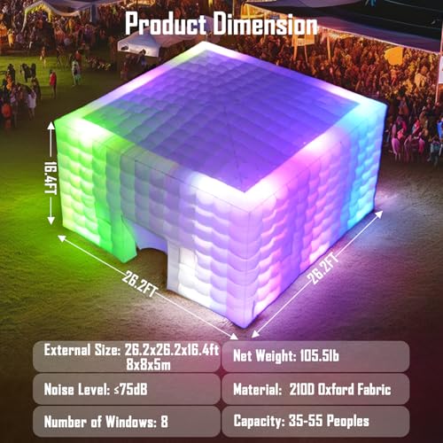 Inflatable Cube Tent Nightclub Party Tents with Blower, 26FT Large Space Outdoor Marquee House LED Wall Wash Lights for Exhibition Birthday Coporates, White BoldBlur