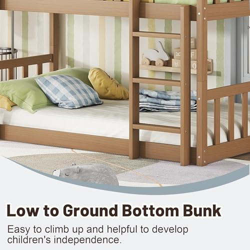 Triple Bunk Bed for Kids ,Wood 3-in-1 Twin Bunk Beds, Convertible to 3 Separate Beds, Solid Rubber Wood Construction, Safety Guardrails & Dual Ladders ,Space-Efficient Vertical Design,White Oak MoproBeti