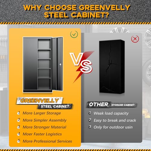Greenvelly Metal Garage Storage Cabinet with 2 Doors and 4 Adjustable Shelves, 72" H Black Steel Lockable Storage Cabinet,Tall Metal Cabinet Locking File Cabinet for Office,Home, Garage, Gym, School Greenvelly