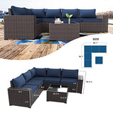 Kullavik Outdoor Patio Furniture Set 6 Pieces Sectional Rattan Sofa Set Brown PE Rattan Wicker Patio Conversation Set with 5 Navy Blue Seat Cushions and 1 Tempered Glass Table Kullavik