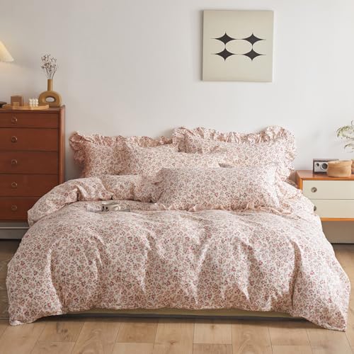 VM VOUGEMARKET Cotton Duvet Cover Twin Pink Flower Duvet Cover with Ruffle Pillowcases Teen Girls Aesthetic Bedding Set Garden Style Blooming Comforter Cover with Zipper Ties (3 pcs,68x86 Inch) VM VOUGEMARKET