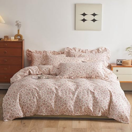 VM VOUGEMARKET Cotton Duvet Cover Twin Pink Flower Duvet Cover with Ruffle Pillowcases Teen Girls Aesthetic Bedding Set Garden Style Blooming Comforter Cover with Zipper Ties (3 pcs,68x86 Inch) VM VOUGEMARKET