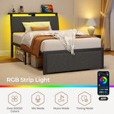 Rolanstar Twin Bed Frame with Ergonomic Headboard Storage & Charging Station, Upholstered Platform Bed with LED Light & Drawer, Heavy Duty Metal Slats, Noise Free, No Box Spring Needed, Grey Rolanstar